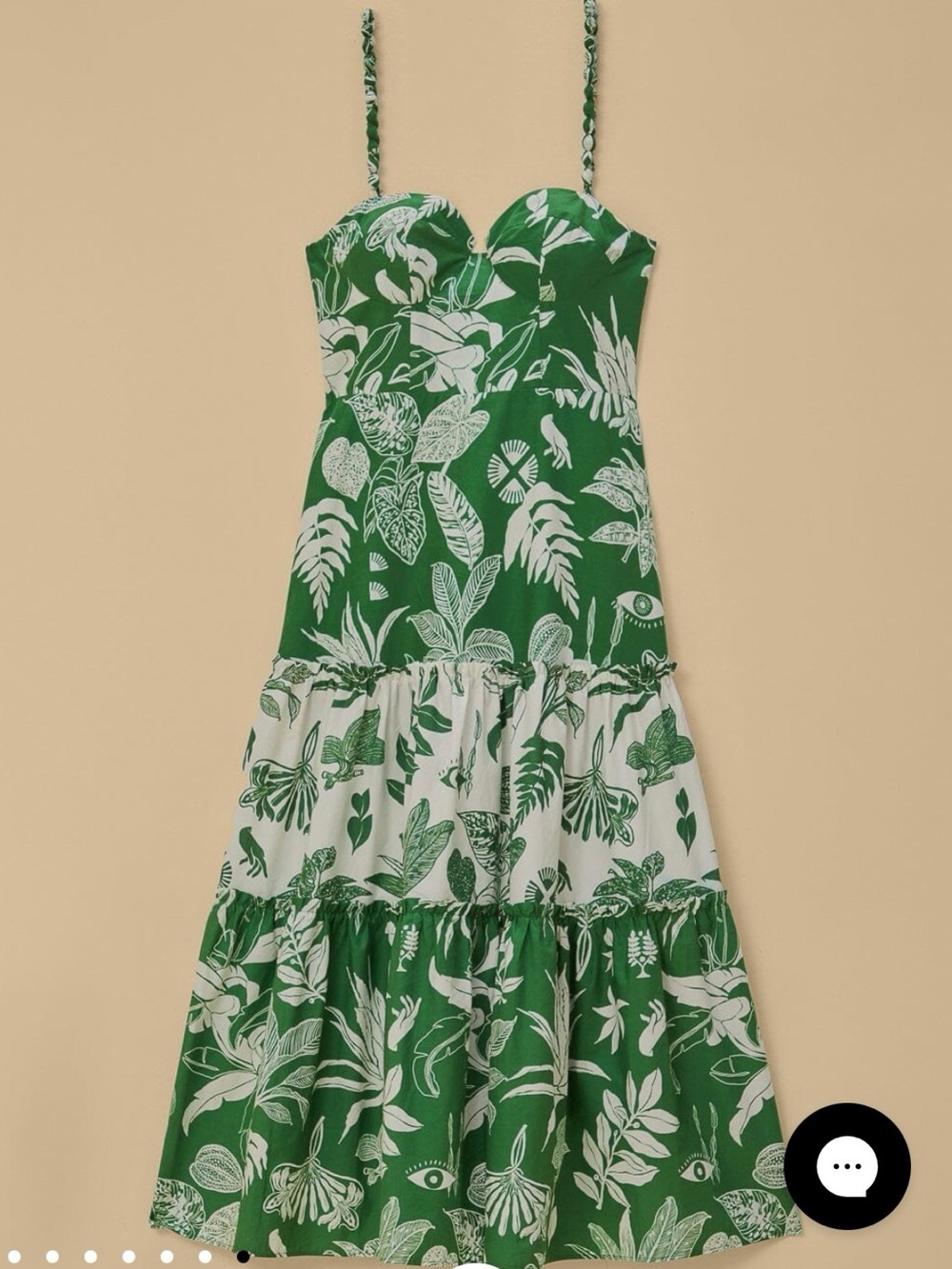 FARM Rio Green and White Botanical Tiered Dress